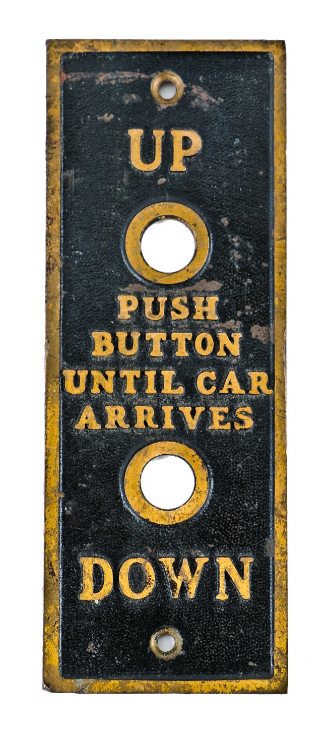 one of three matching original c. 1920's american antique industrial brass-plated cast bronze flush mount elevator cab or car push button "call" plaque with baked black enameled inlay