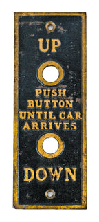 one of three matching original c. 1920's american antique industrial brass-plated cast bronze flush mount elevator cab or car push button "call" plaque with baked black enameled inlay