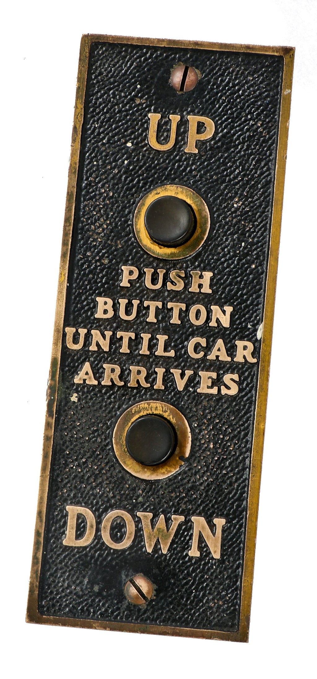 single all original cast bronze flush mount interior chicago hotel service elevator cab or car "call" push button plaque with largely intact brass-plated finish