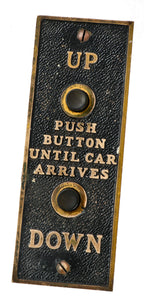 single all original cast bronze flush mount interior chicago hotel service elevator cab or car "call" push button plaque with largely intact brass-plated finish