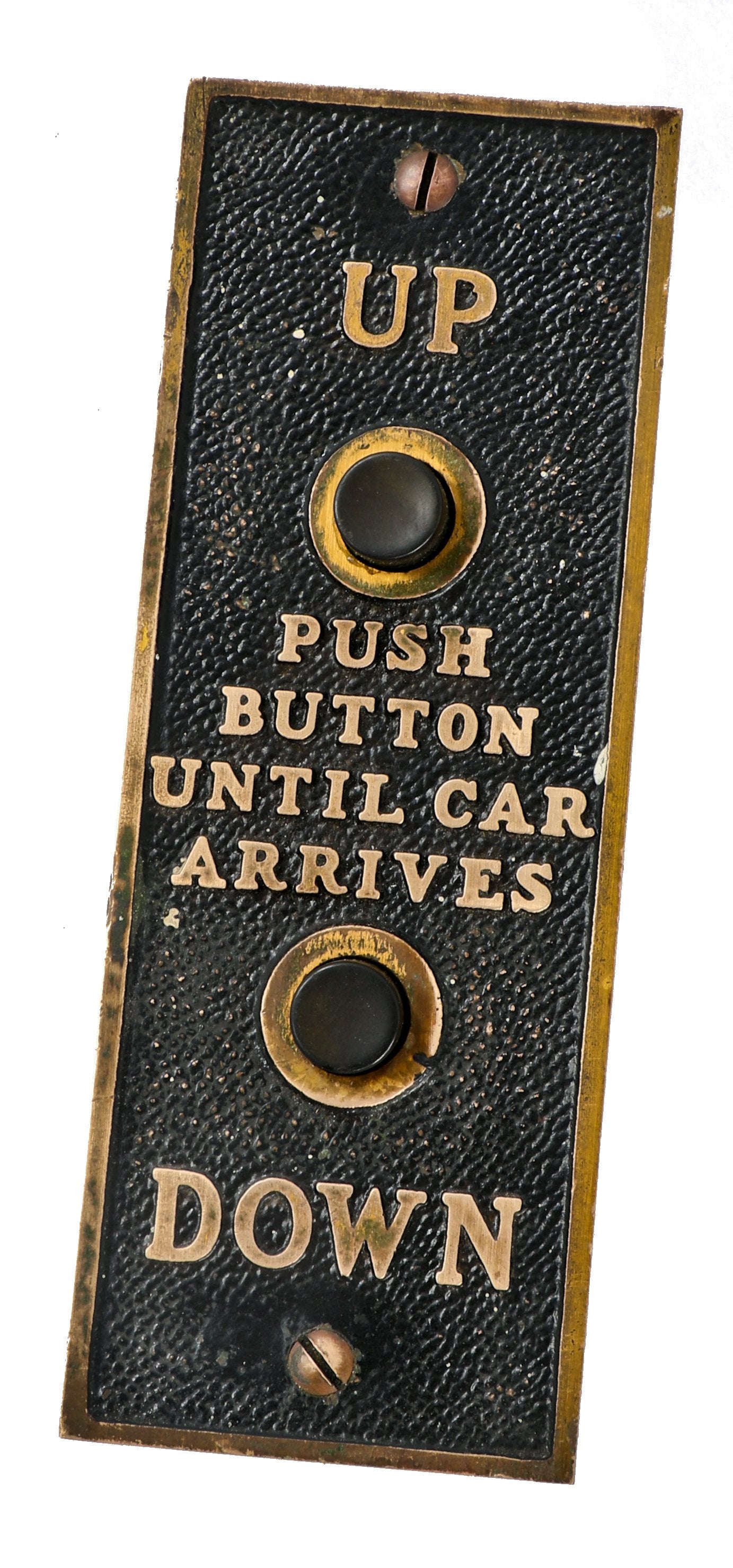 single all original cast bronze flush mount interior chicago hotel service elevator cab or car "call" push button plaque with largely intact brass-plated finish