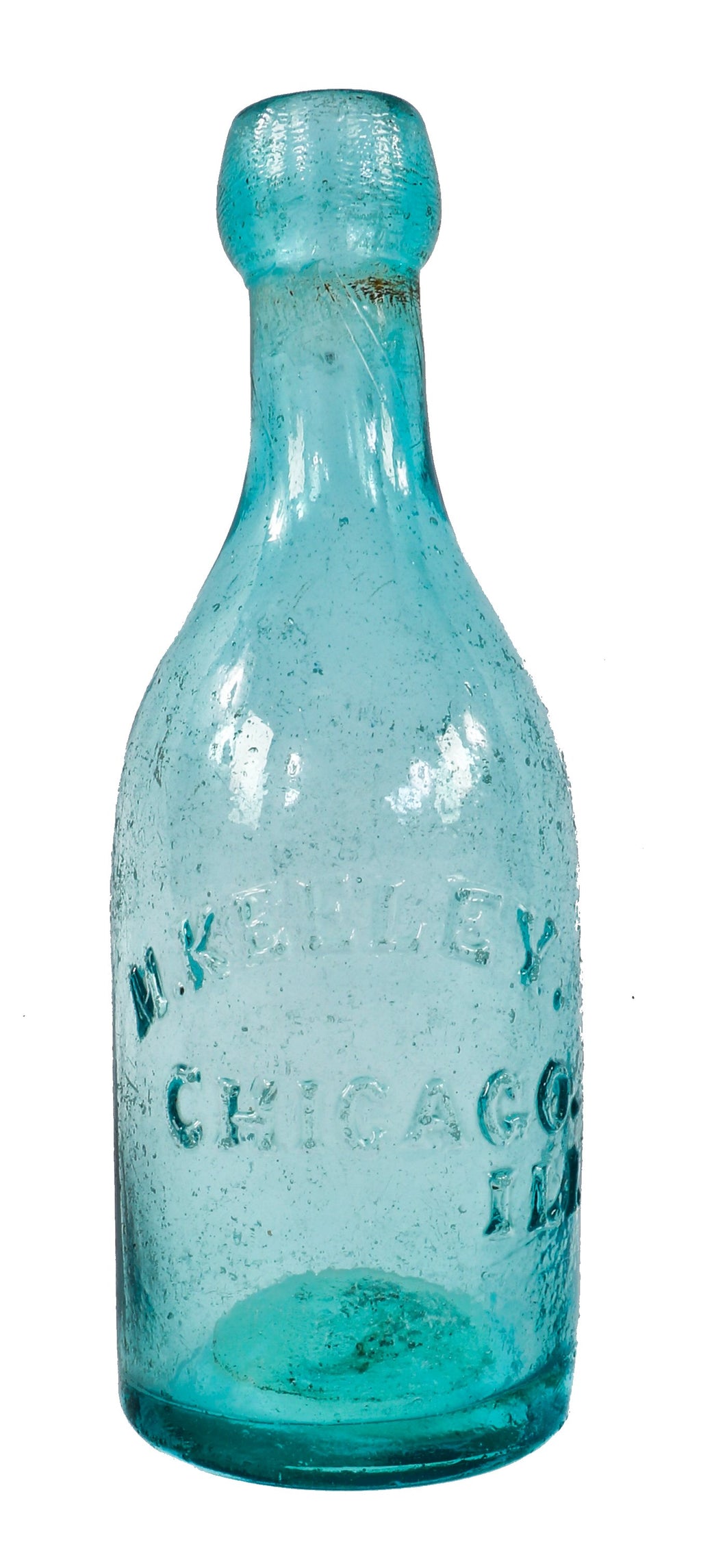 rare and intact late 1850's antique american iron pontiled light blue aqua soda or mineral water bottle manufactured for chicago bottler michael keeley