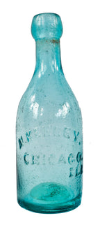 rare and intact late 1850's antique american iron pontiled light blue aqua soda or mineral water bottle manufactured for chicago bottler michael keeley