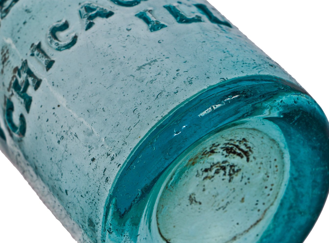 rare and intact late 1850's antique american iron pontiled light blue aqua soda or mineral water bottle manufactured for chicago bottler michael keeley