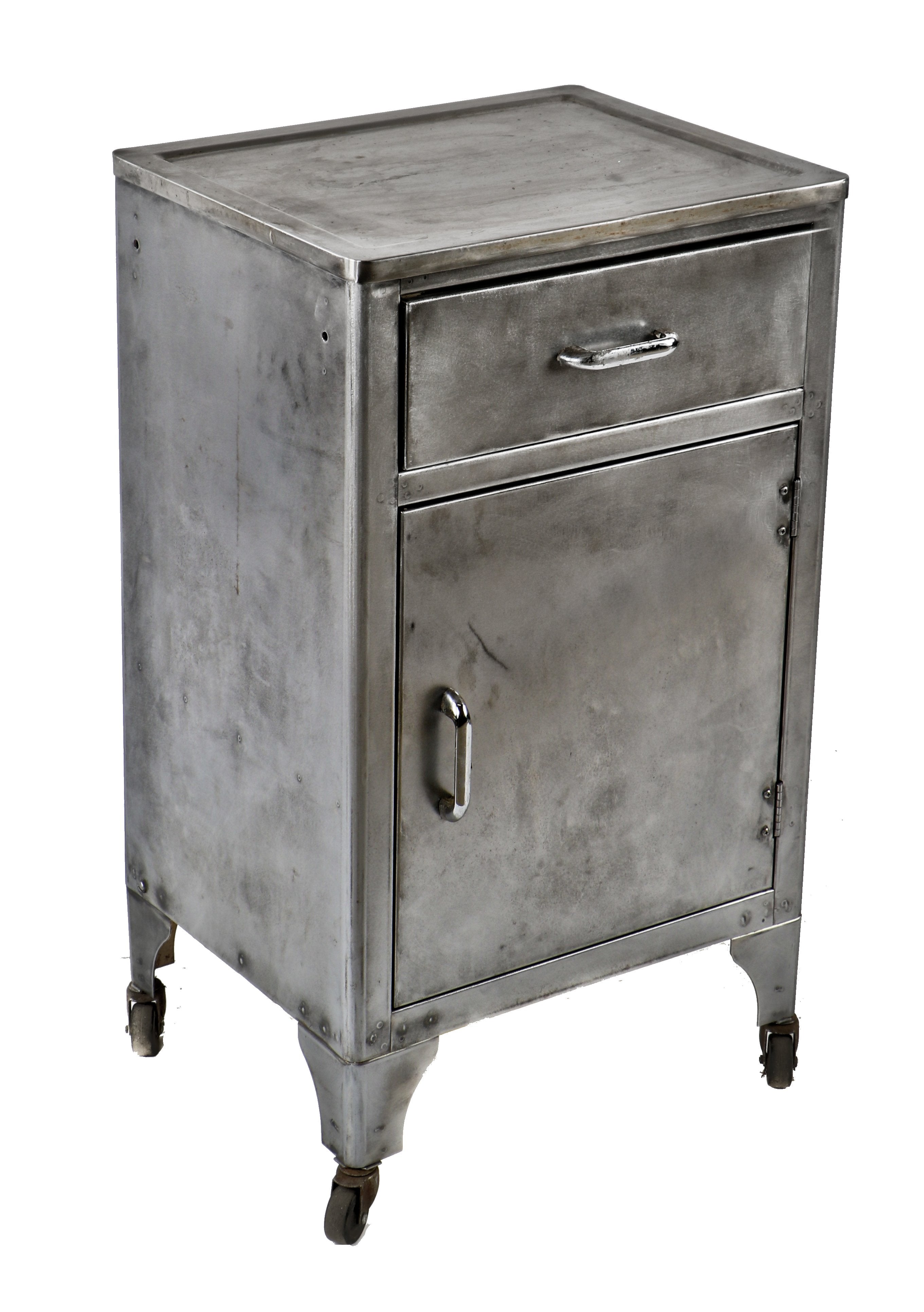 late 1930's antique american medical mobile heavy gauge pressed and folded steel hospital supply cabinet with single drawer and fully functional bassick swivel casters