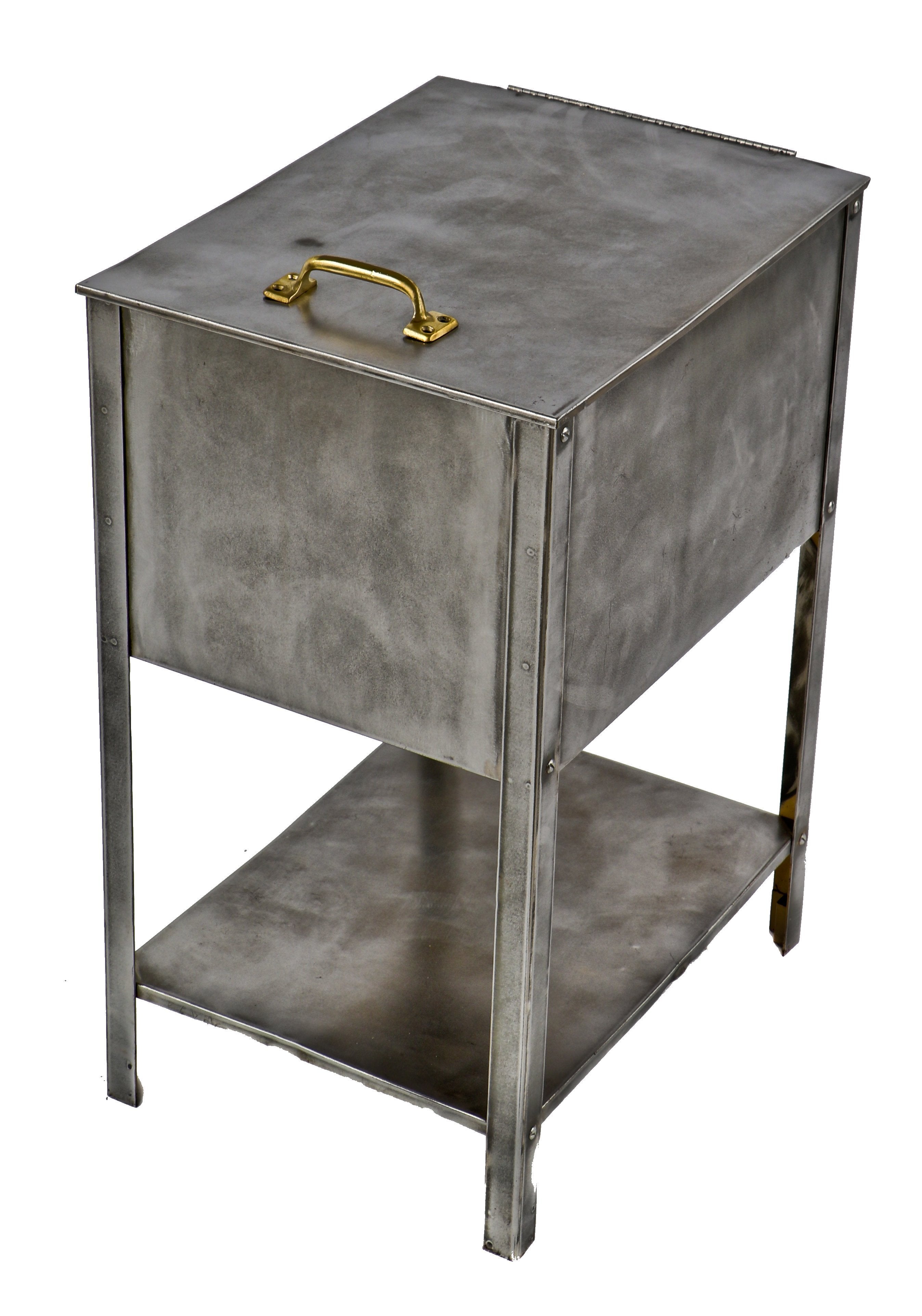 completely refinished and thoroughly cleaned c. 1940's vintage american industrial compact freestanding pressed and folded steel metal factory office filing cabinet with undershelf