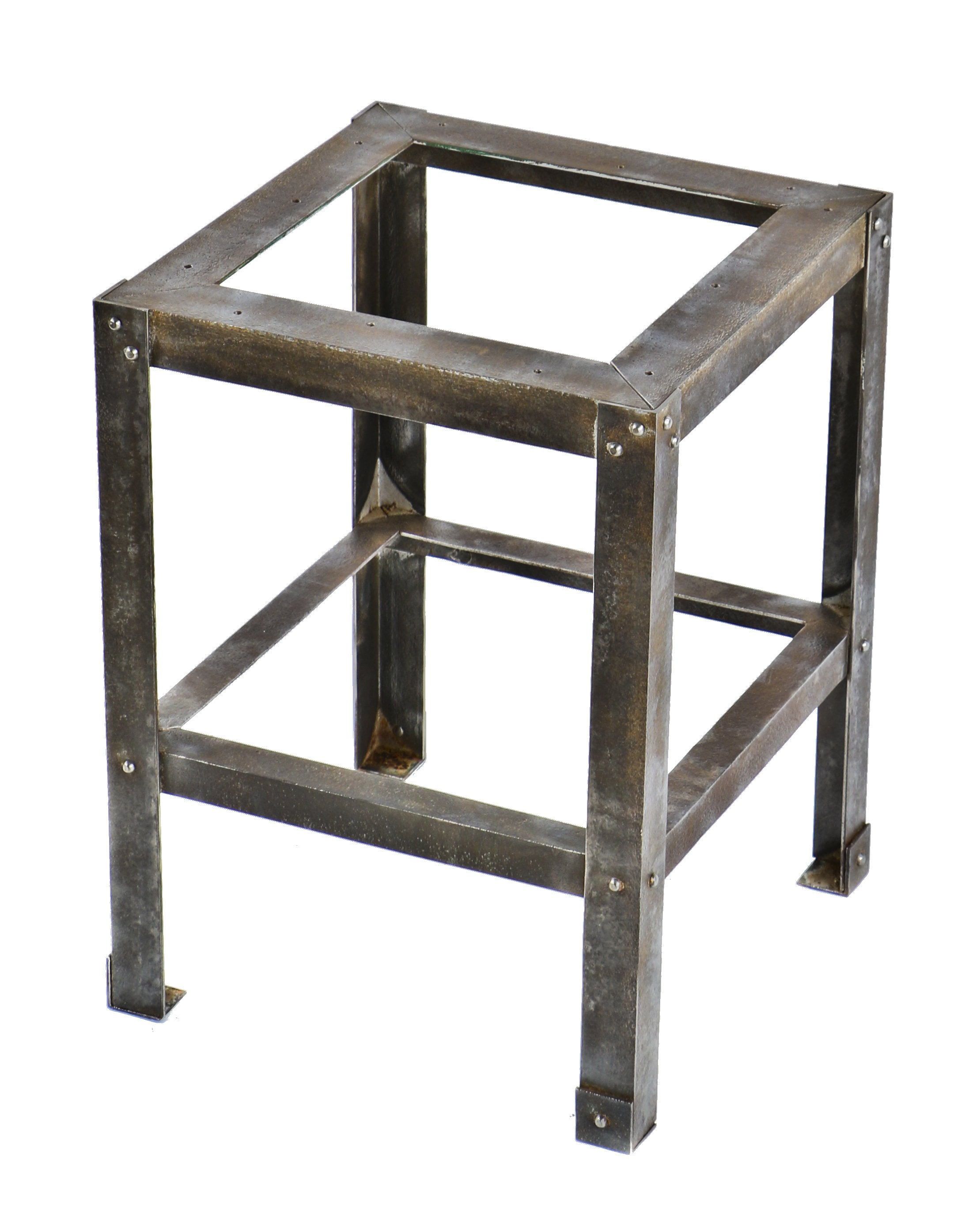 heavily reinforced antique american industrial riveted joint low-lying oil dispensing tank stationary cold-rolled steel base with a uniform brushed metal finish