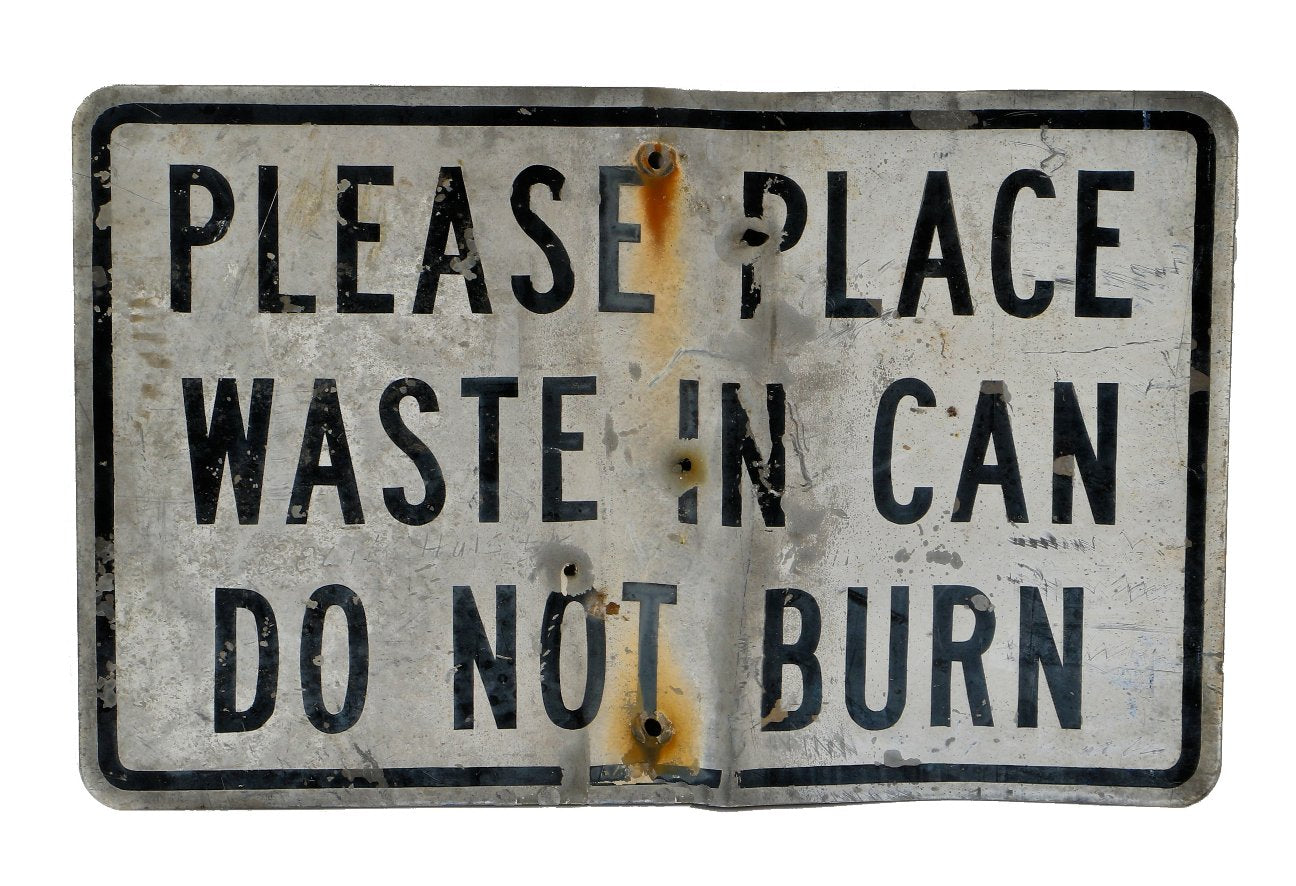 nicely weathered and worn c. 1950's vintage american industrial single-sided "do not burn" chicago city park waste can informational enameled steel sign