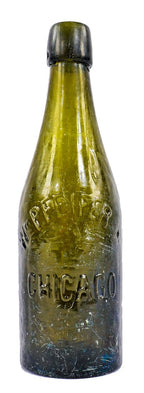 original and intact pre-prohibition era c. 1890's "wm pfeifer" hard to find olive green colored glass slender st. louis weiss shaped bottle dug from a chicago area landfill.