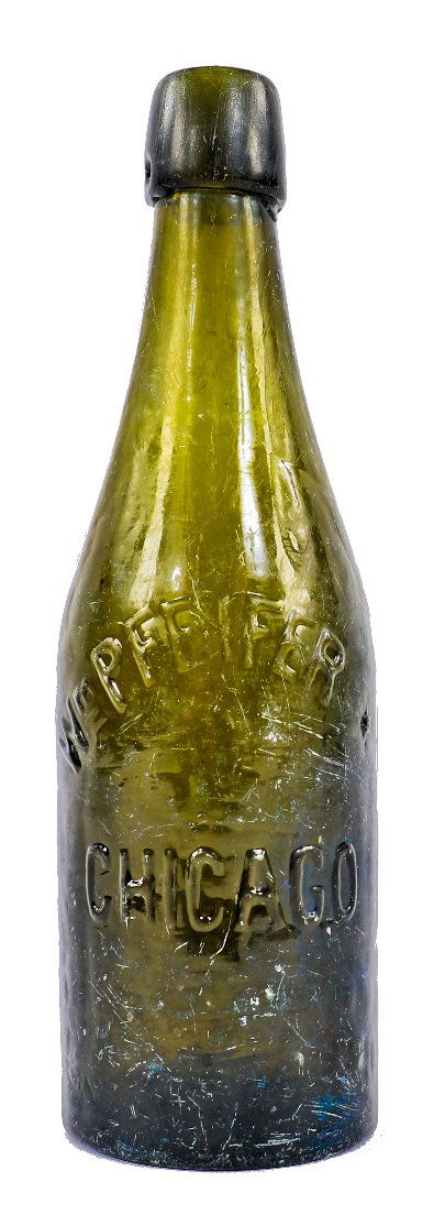 original and intact pre-prohibition era c. 1890's "wm pfeifer" hard to find olive green colored glass slender st. louis weiss shaped bottle dug from a chicago area landfill.
