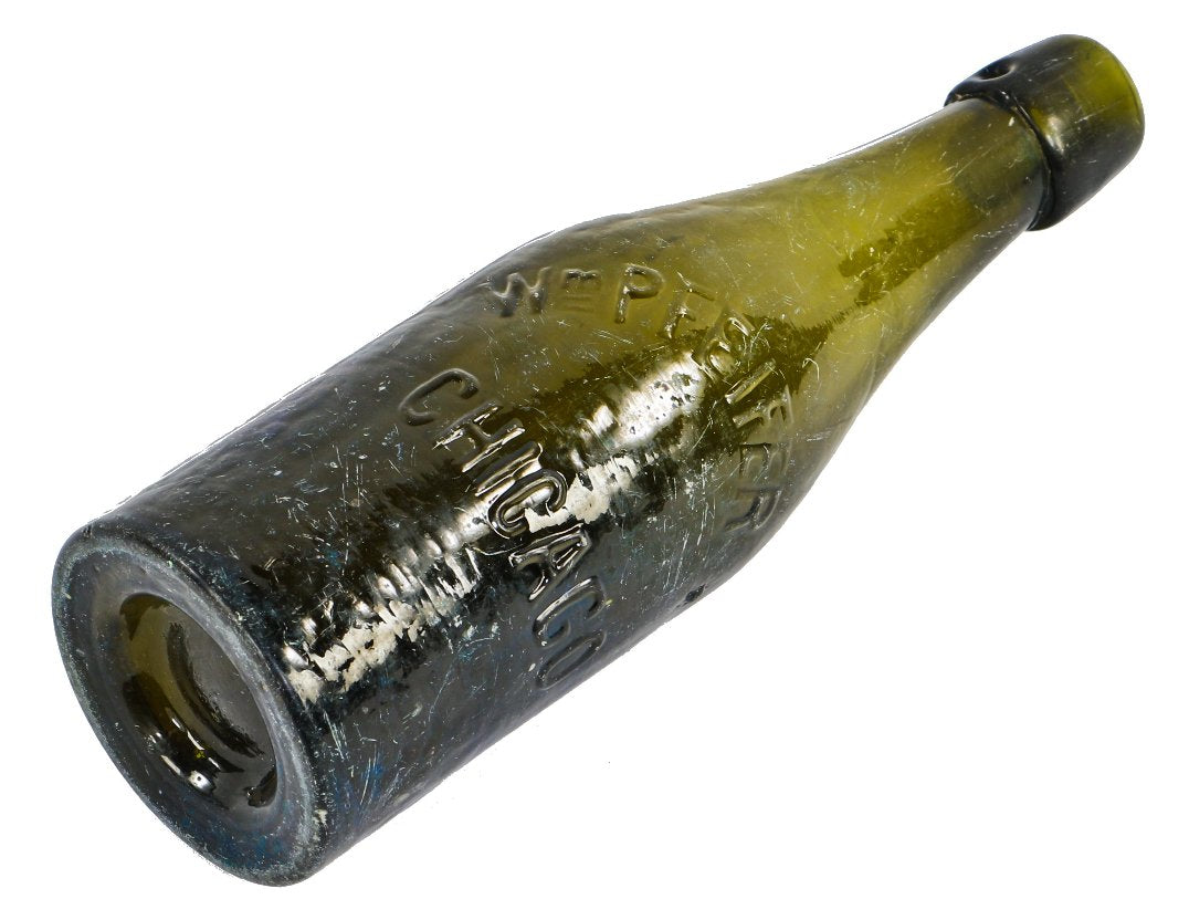 original and intact pre-prohibition era c. 1890's "wm pfeifer" hard to find olive green colored glass slender st. louis weiss shaped bottle dug from a chicago area landfill.