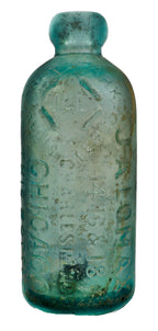 hard to find original antique circa mid-nineteenth century blue aqua hutchinson style blob top glass soda bottle manufactured for john a. lomax in chicago, il.