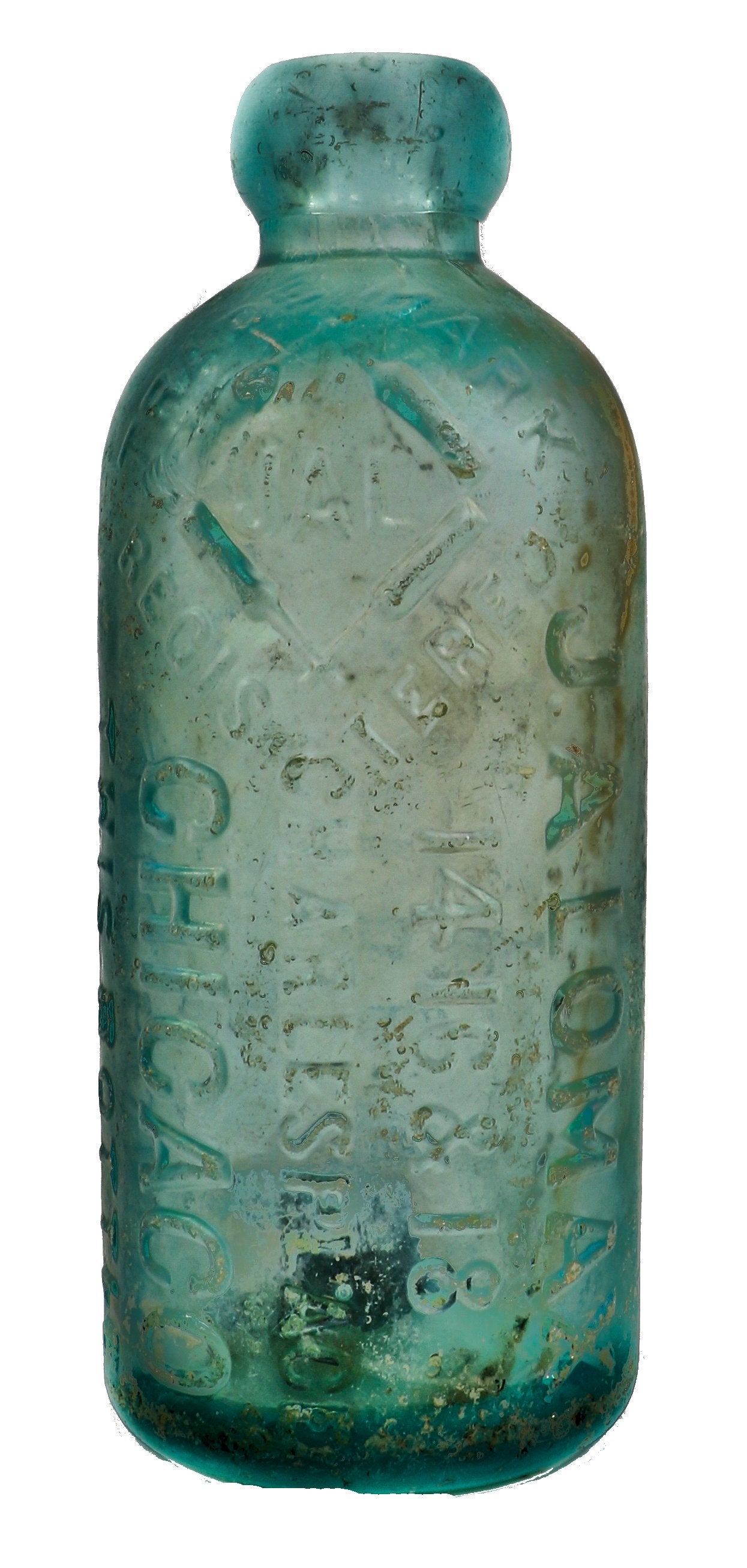 hard to find original antique circa mid-nineteenth century blue aqua hutchinson style blob top glass soda bottle manufactured for john a. lomax in chicago, il.