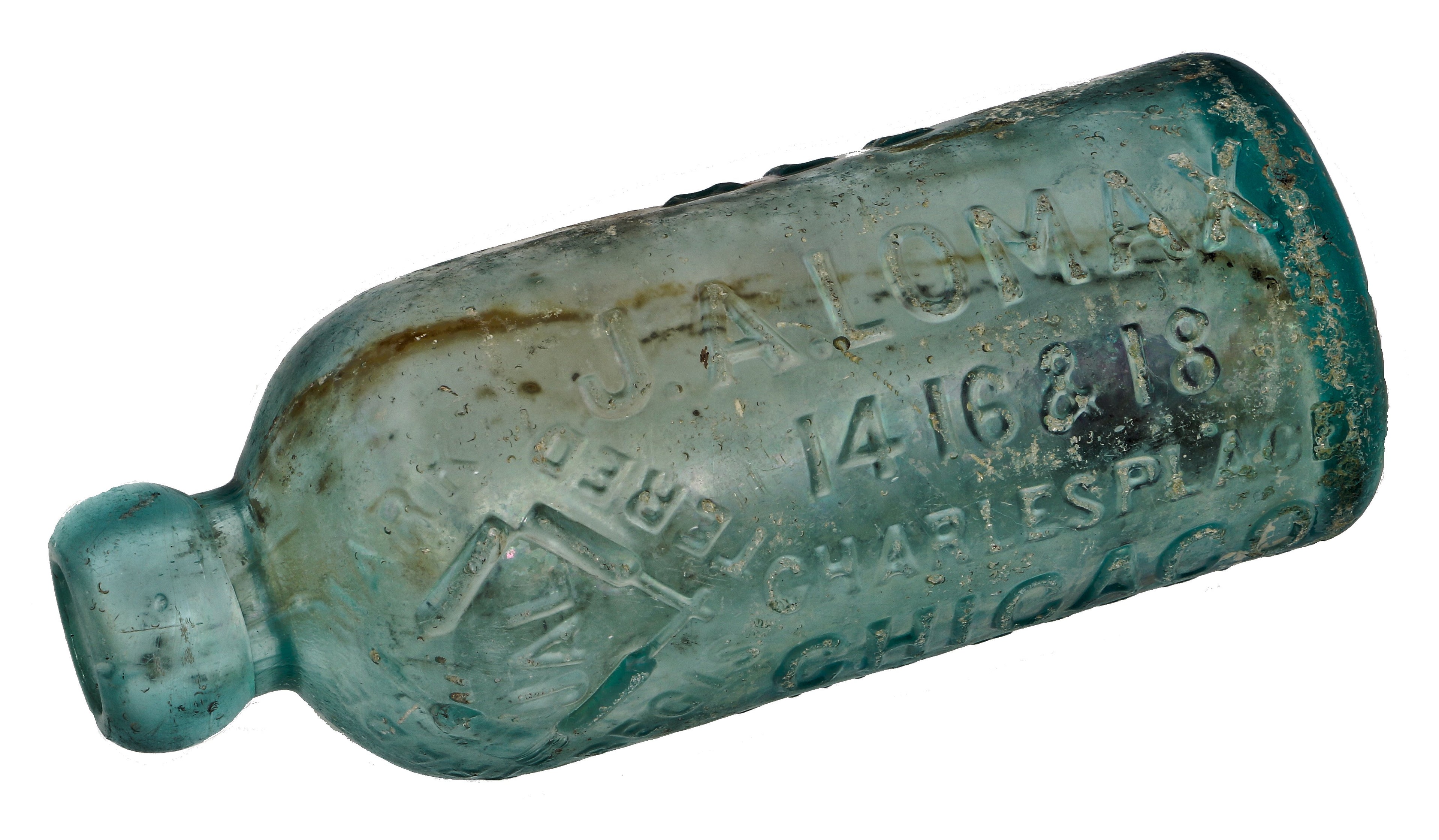 hard to find original antique circa mid-nineteenth century blue aqua hutchinson style blob top glass soda bottle manufactured for john a. lomax in chicago, il.
