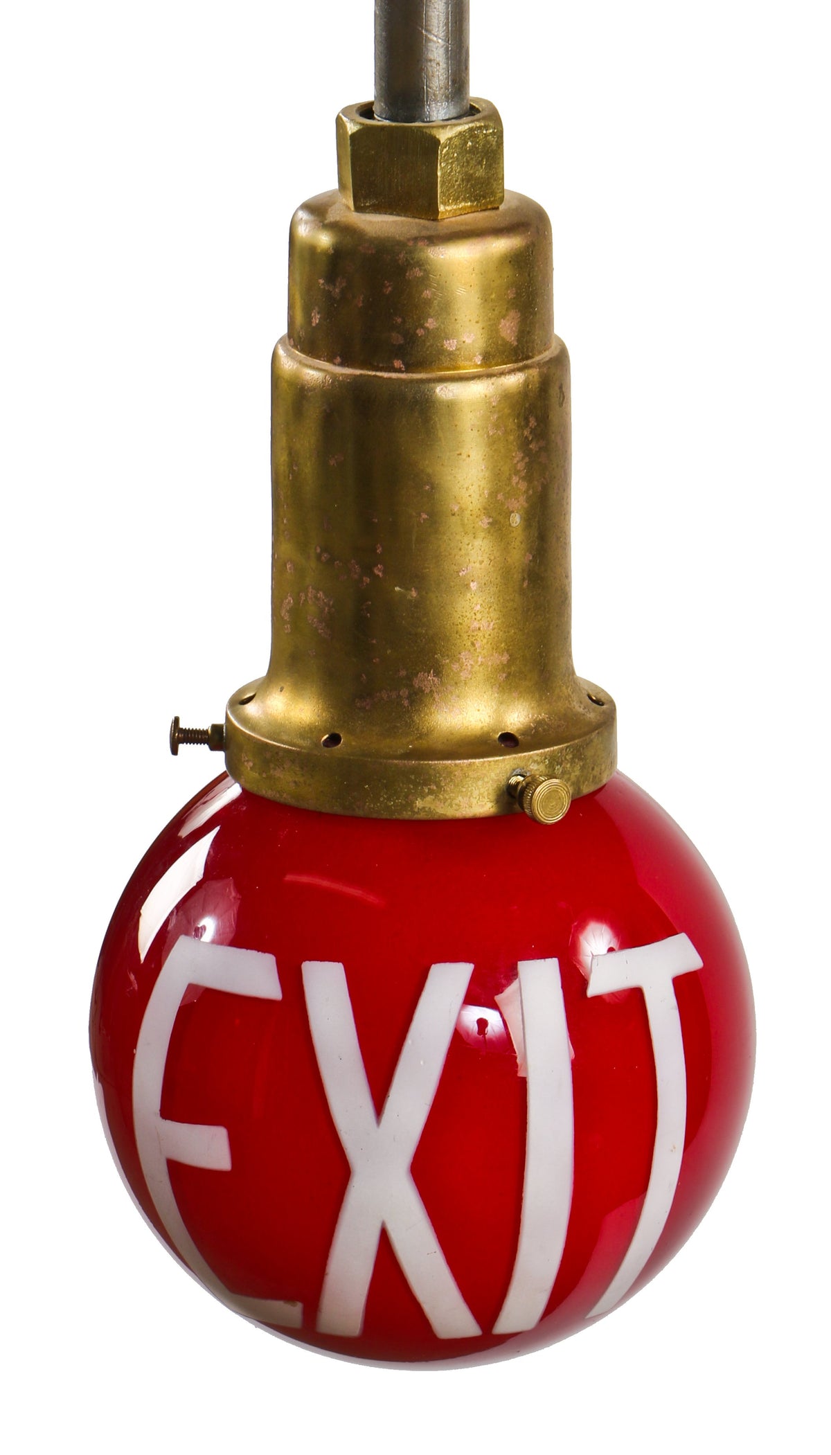 highly desirable original depression era art deco style american "kopp" ruby red glass ball-shaped illuminated exit pendant light with bold double-sided white lettering