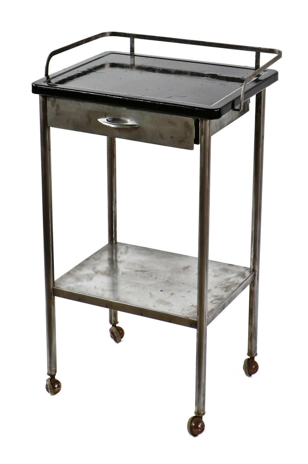 original lightweight c. 1930's american antique medical chicago hospital mobile tubular steel side table or work station with removable porcelain enameled cold-rolled steel top