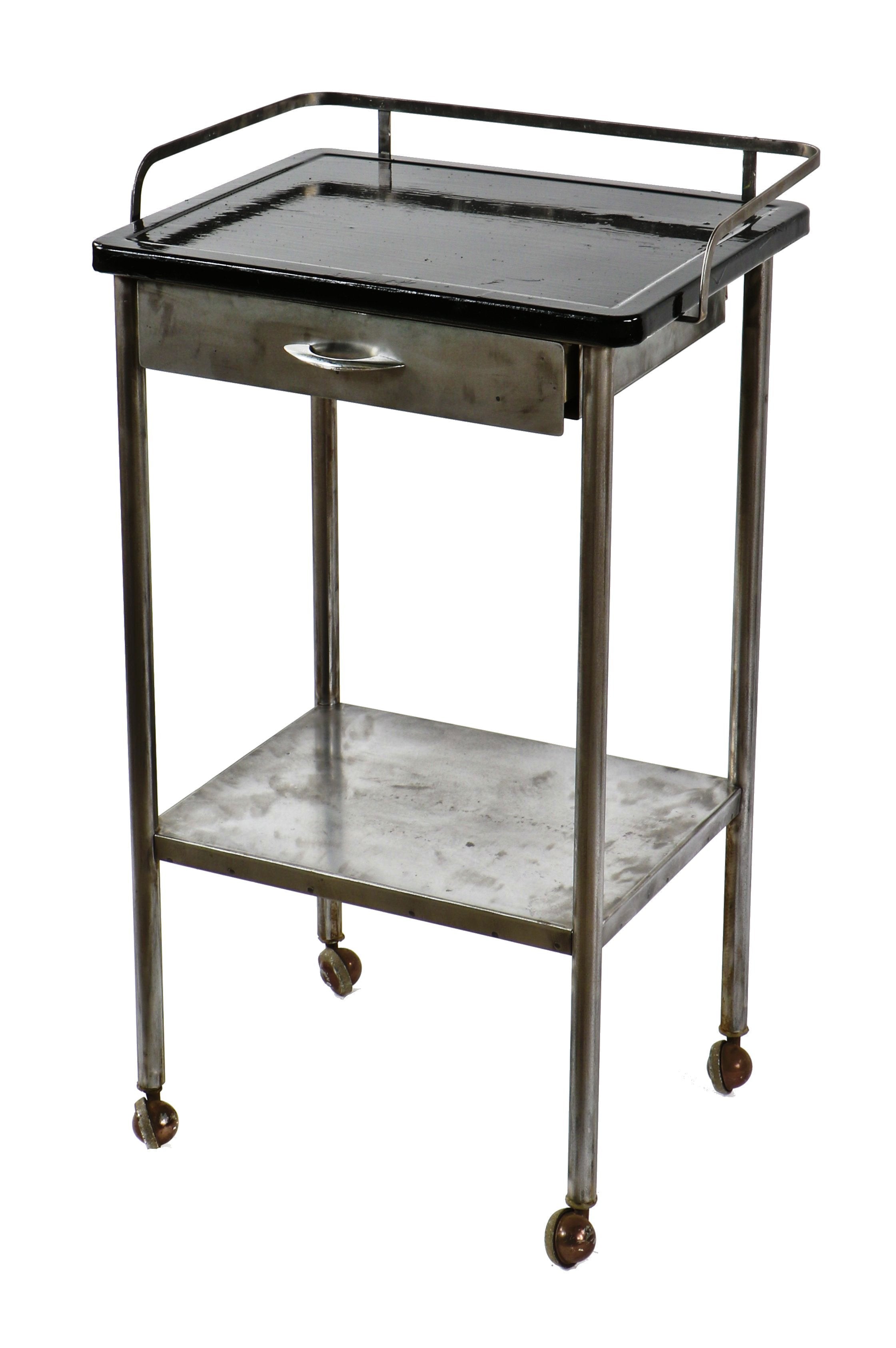 original lightweight c. 1930's american antique medical chicago hospital mobile tubular steel side table or work station with removable porcelain enameled cold-rolled steel top