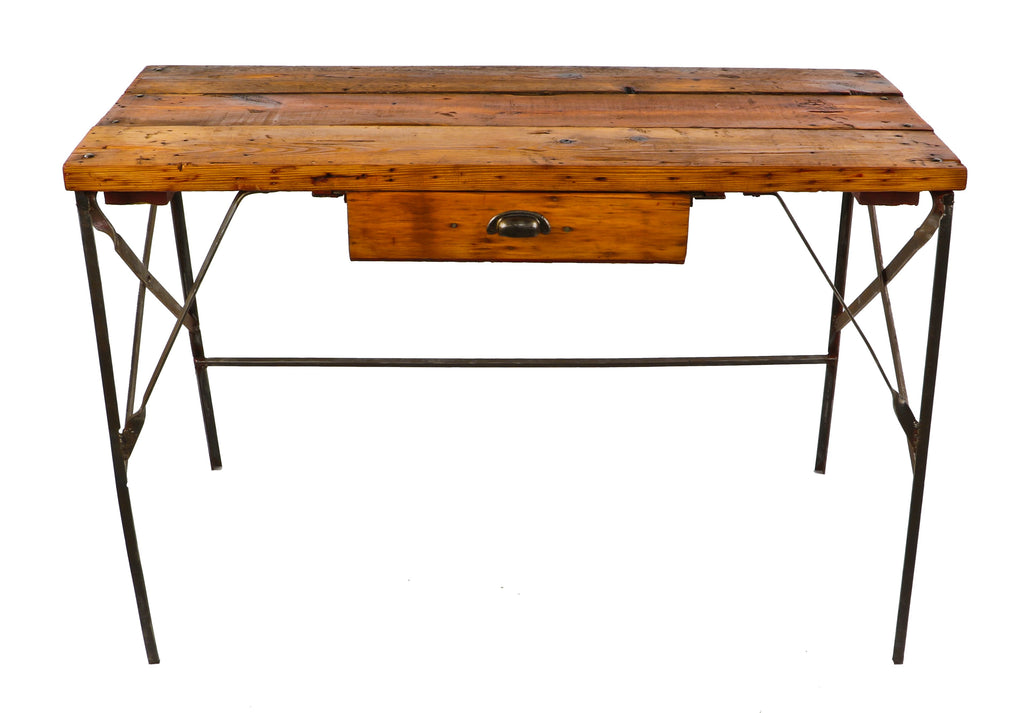 cleaned and refinished late 1920's antique american industrial pressed and folded riveted joint angled steel stationary chicago factory workbench with original old growth pine wood top