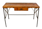 cleaned and refinished late 1920's antique american industrial pressed and folded riveted joint angled steel stationary chicago factory workbench with original old growth pine wood top