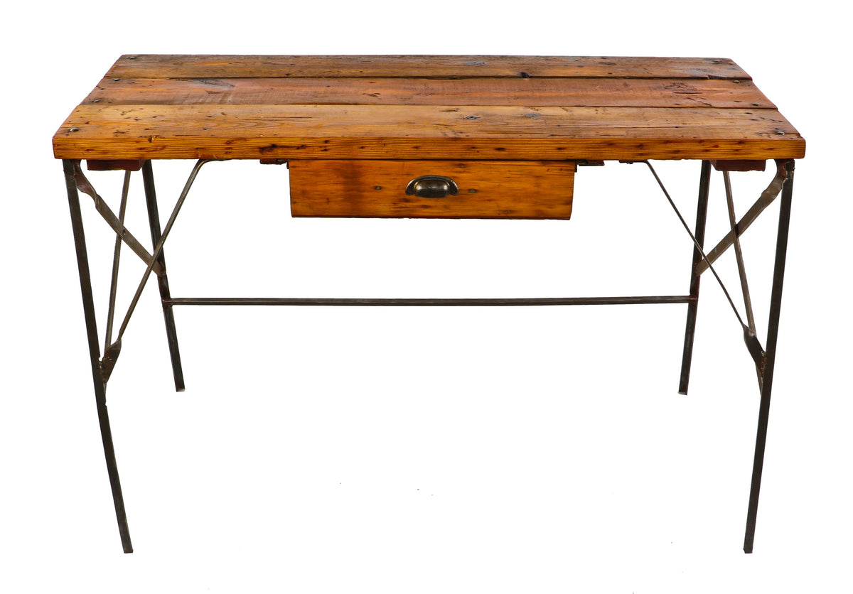 cleaned and refinished late 1920's antique american industrial pressed and folded riveted joint angled steel stationary chicago factory workbench with original old growth pine wood top