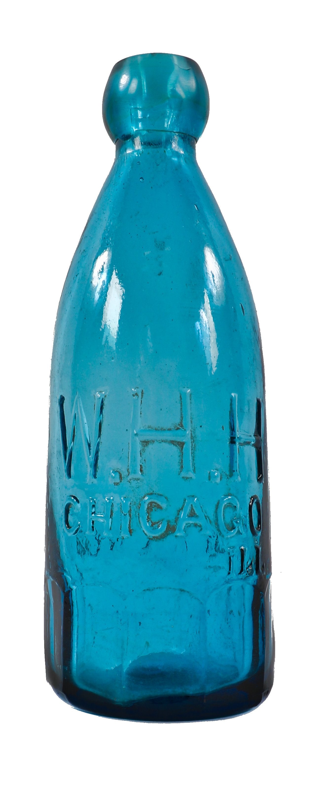 original and amazingly intact c. 1870's post-chicago fire teal-colored glass william h. hutchinson (w.h.h.) paneled or "mug" base soda or mineral water bottle with applied blob top