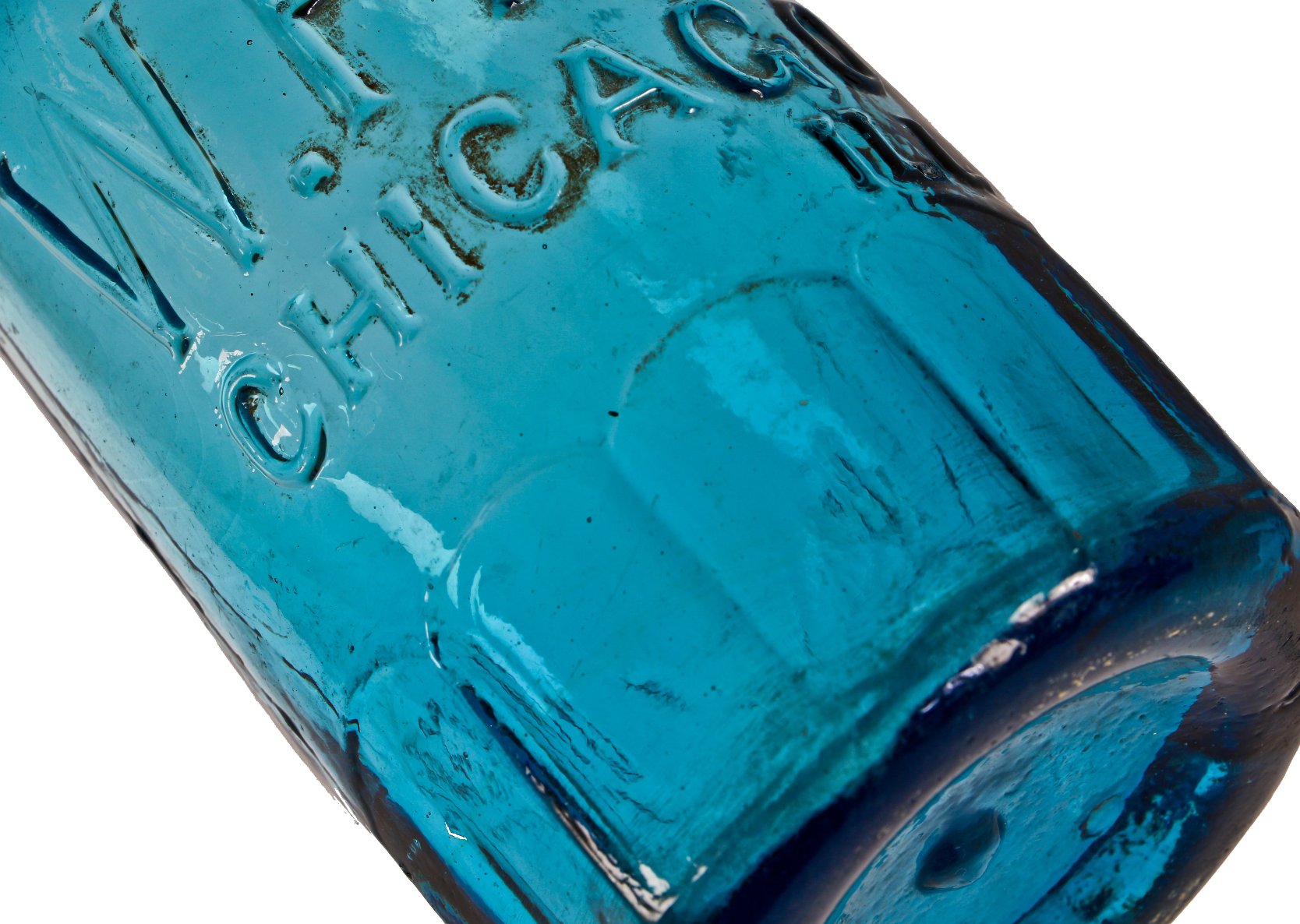 original and amazingly intact c. 1870's post-chicago fire teal-colored glass william h. hutchinson (w.h.h.) paneled or "mug" base soda or mineral water bottle with applied blob top