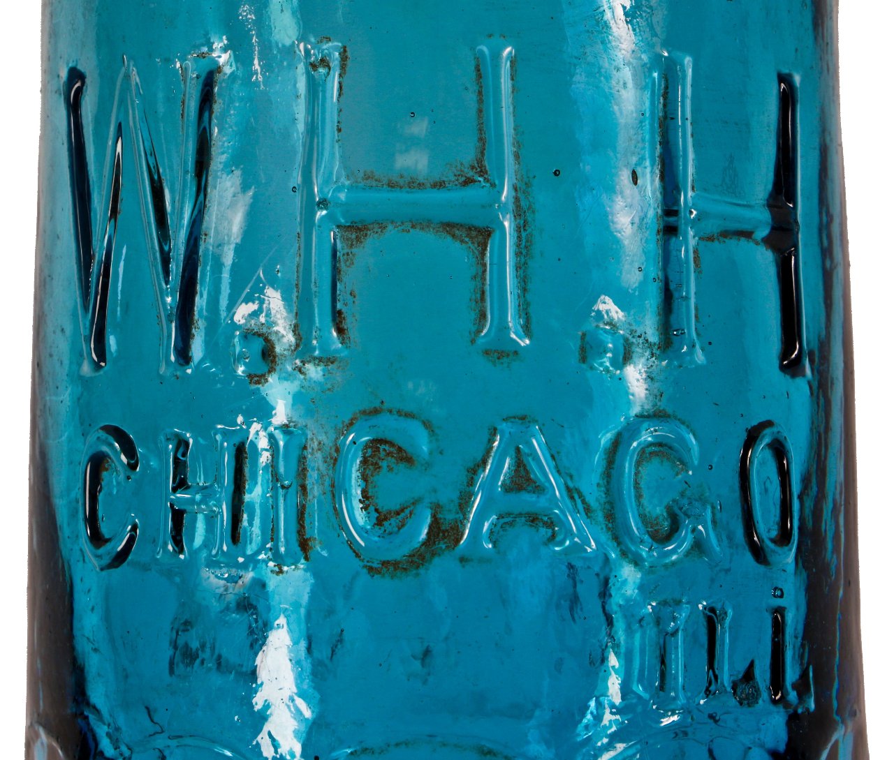 original and amazingly intact c. 1870's post-chicago fire teal-colored glass william h. hutchinson (w.h.h.) paneled or "mug" base soda or mineral water bottle with applied blob top