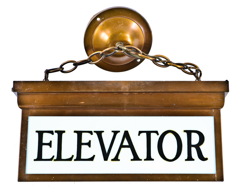 original and completely intact american depression era double-sided new yorker hotel hanging interior lobby illuminated "elevator" sign with nicely aged brass housing