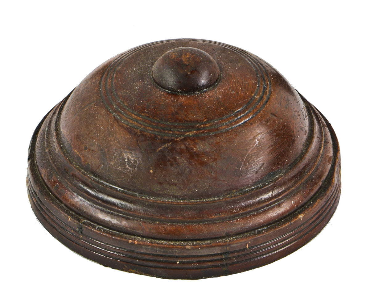 original c. 1886-1887 solid darkly varnished victorian era oak wood interior residential newel post cap with button finial and lightly incised concentric lines