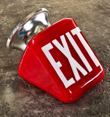 single c. 1930's american depression era intact and fully functional richly colored ruby red double-sided wedge-shaped glass illuminated exit light with polished chrome fitter