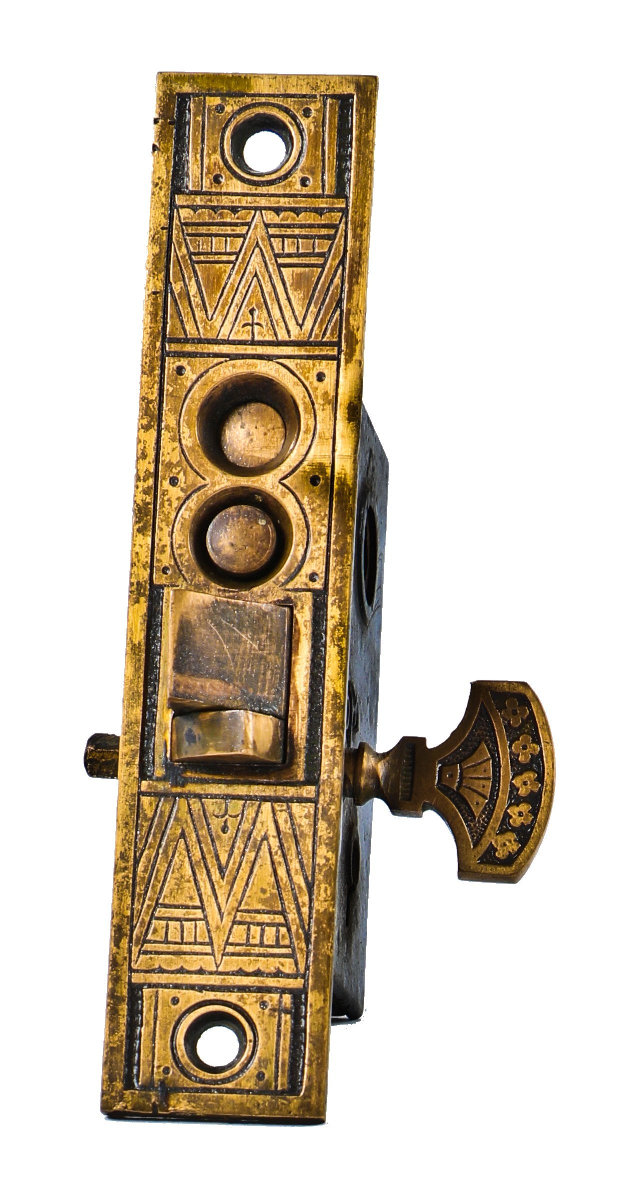 original and intact early 1880's highly desirable "crisscross" pattern antique american residential entrance door mortise lock with matching thumb twist night latch