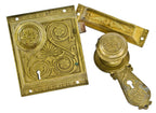 all original and completely intact american victorian industrial chicago railroad passengr car and/or saloon door "snowflake" pattern heavy cast yellow brass hardware with original keeper