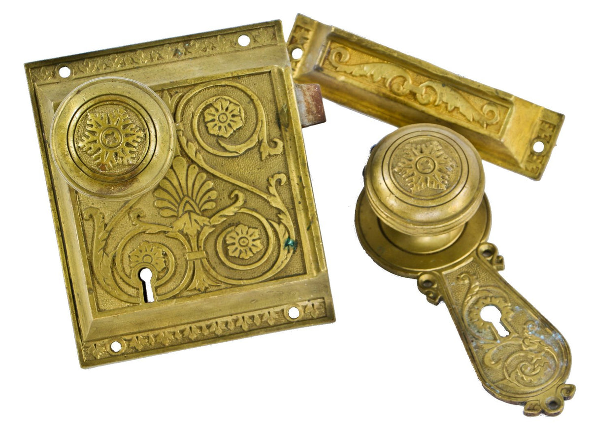 all original and completely intact american victorian industrial chicago railroad passengr car and/or saloon door "snowflake" pattern heavy cast yellow brass hardware with original keeper
