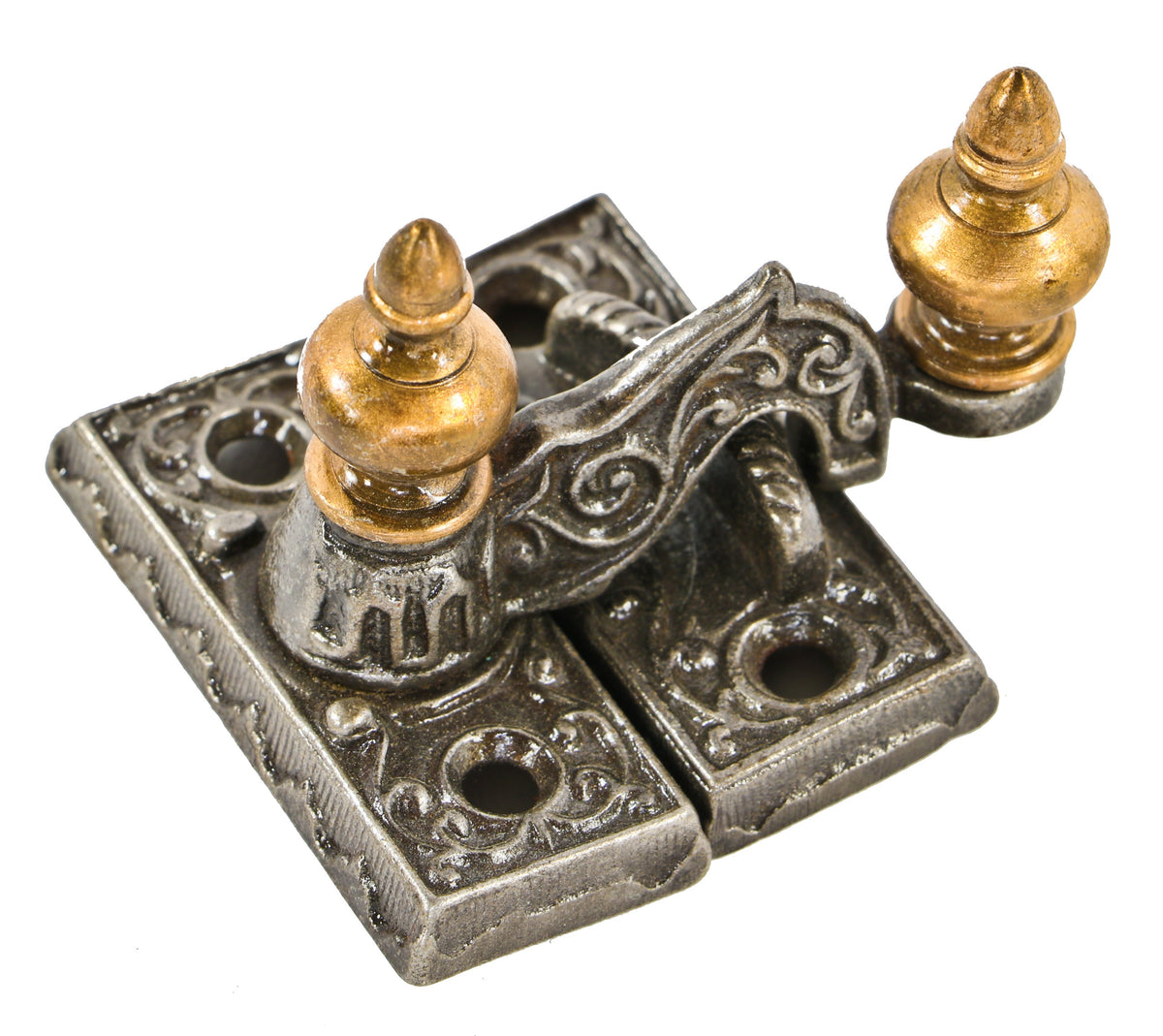 c. 1870's antique american victorian era completely intact ornamental cast iron residential window sash lock with intact keeper and bronze steeple finials