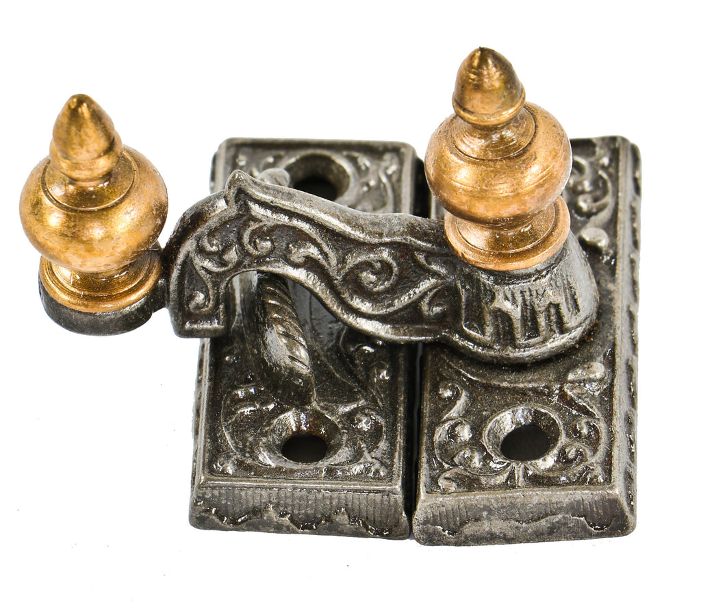 single original hard to find c. 1870's cast iron and bronze antique american ornamental cast bronze interior residential window sash lock with acorn finials