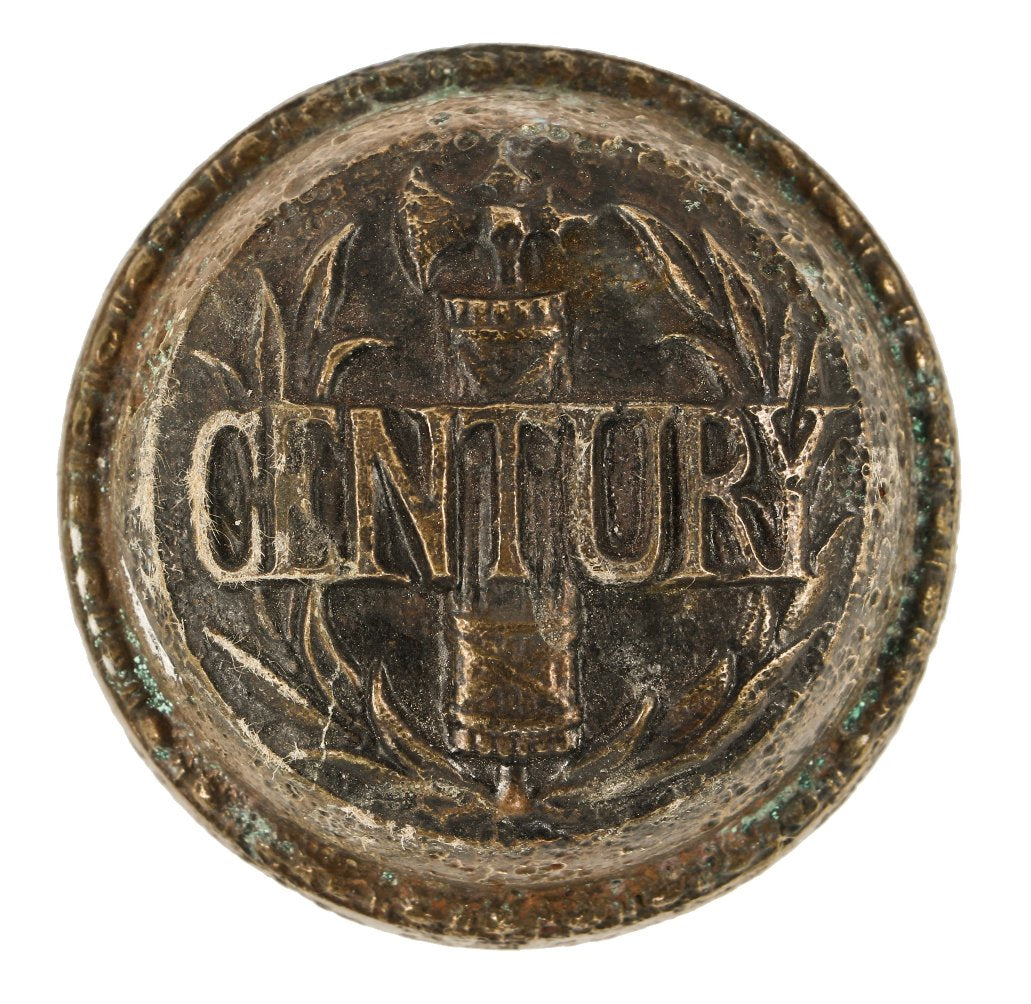 original early 20th century antique american ornamental cast brass commercial or institutional building "century" emblematic doorknob with bead and reel border