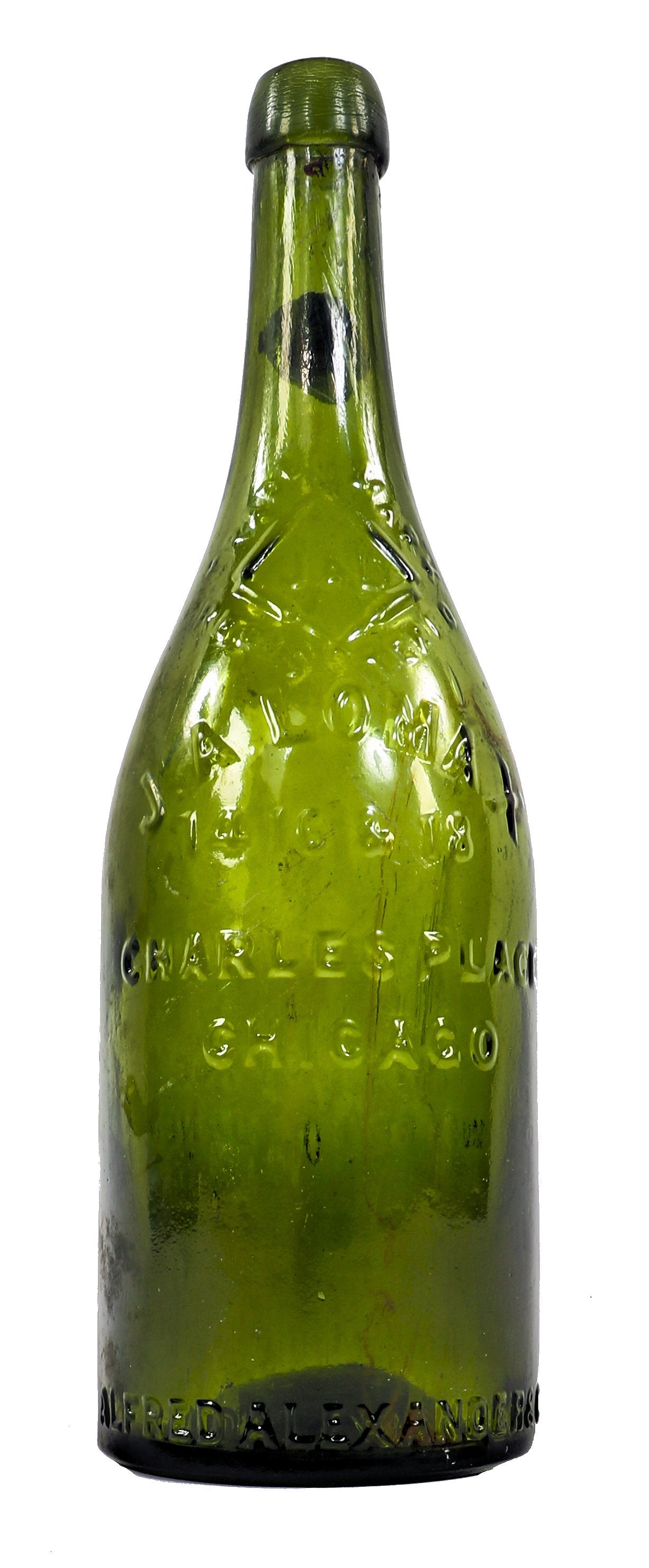 exceptional all original and intact hard to find mid 1870's-early 1880's medium olive green john lomax quart bottle discovered long ago in chicago's douglas park lagoon