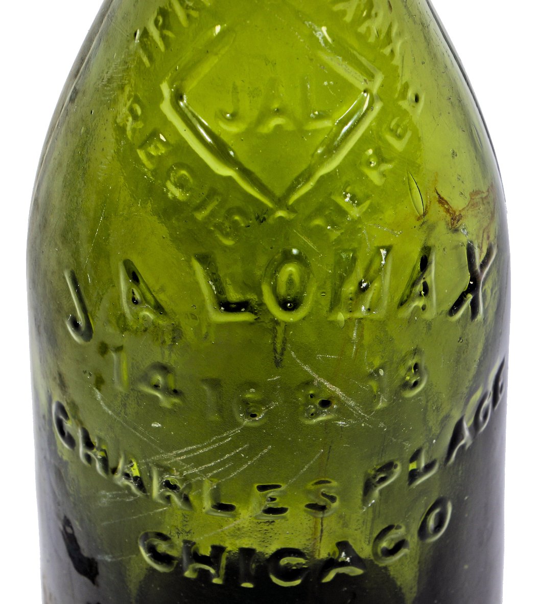 exceptional all original and intact hard to find mid 1870's-early 1880's medium olive green john lomax quart bottle discovered long ago in chicago's douglas park lagoon