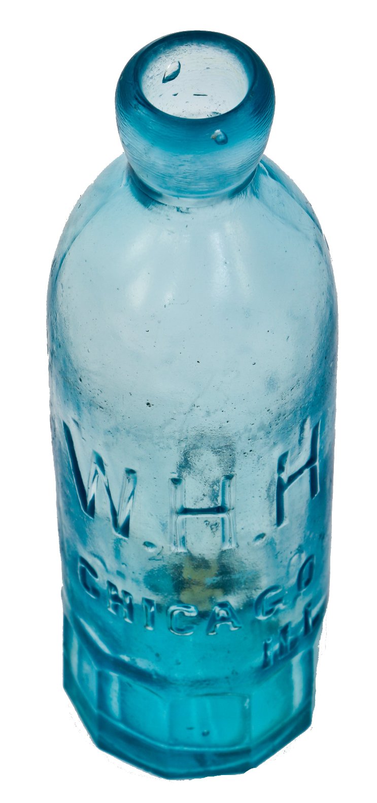 original and intact 1860's-1870's cobalt blue blobtop gravitating soda bottle with mug base manufactured for chicago bottler william henry hutchinson.