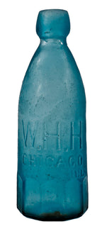 original and intact 1860's cobalt blue blobtop gravitating soda bottle with mug base manufactured for chicago bottler william henry hutchinson.