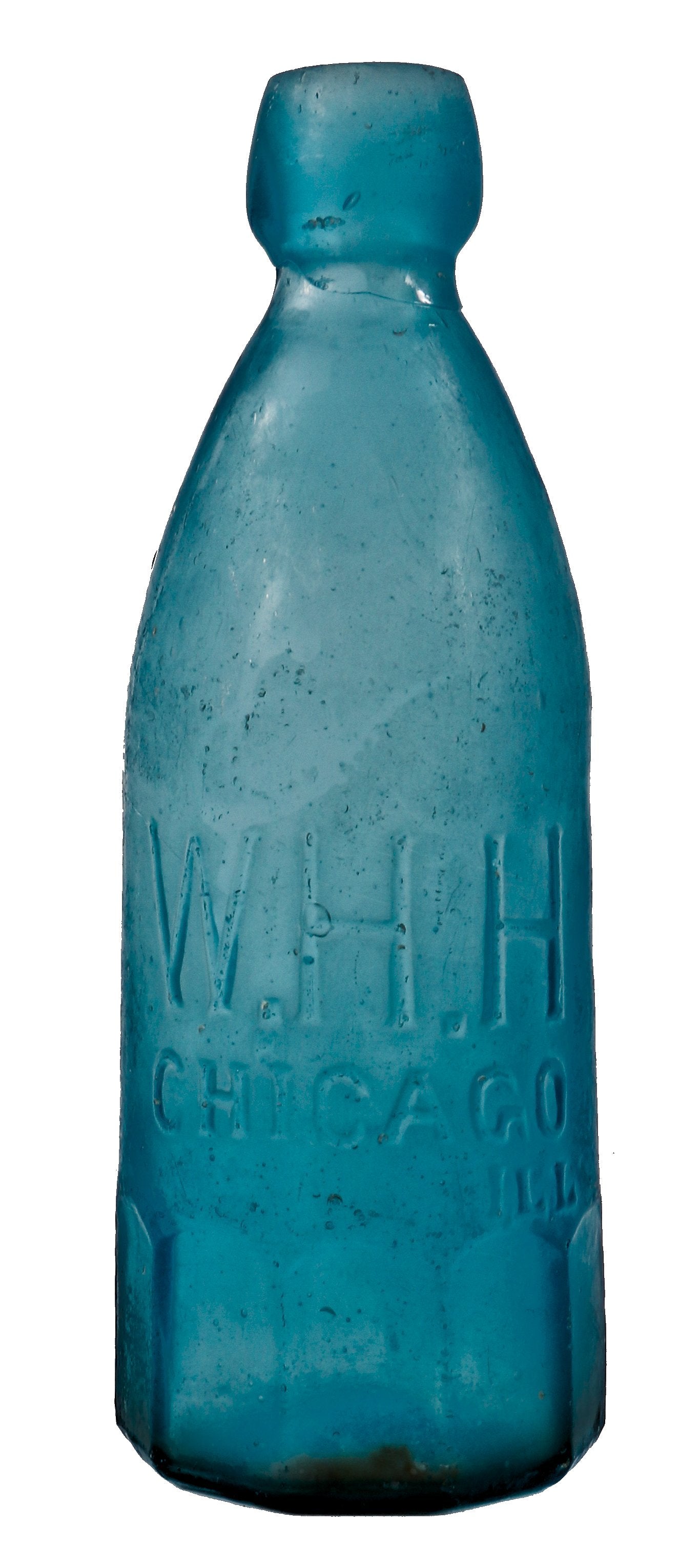 original and intact 1860's cobalt blue blobtop gravitating soda bottle with mug base manufactured for chicago bottler william henry hutchinson.