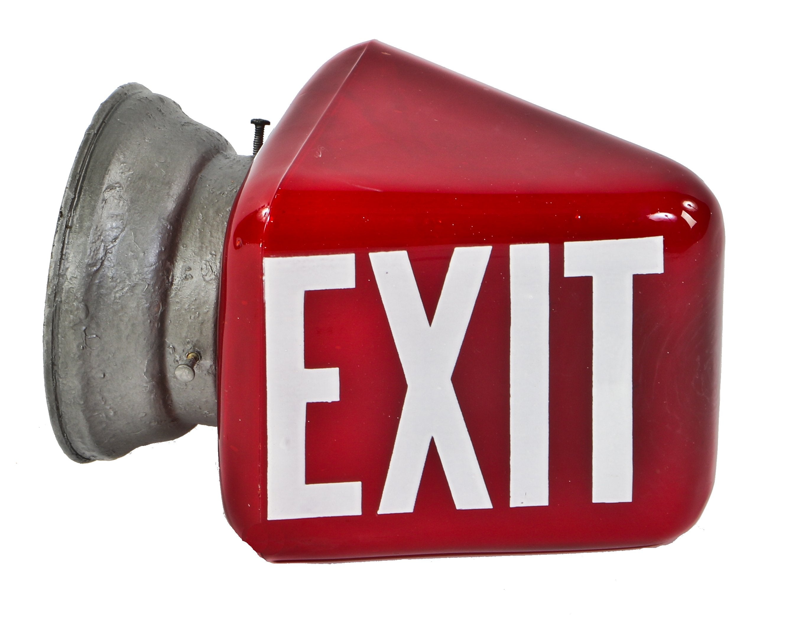 intact and free from damage single chicago downtown hotel illuminated ruby red glass double-sided exit light flush mount wall sconce with bold white lettering