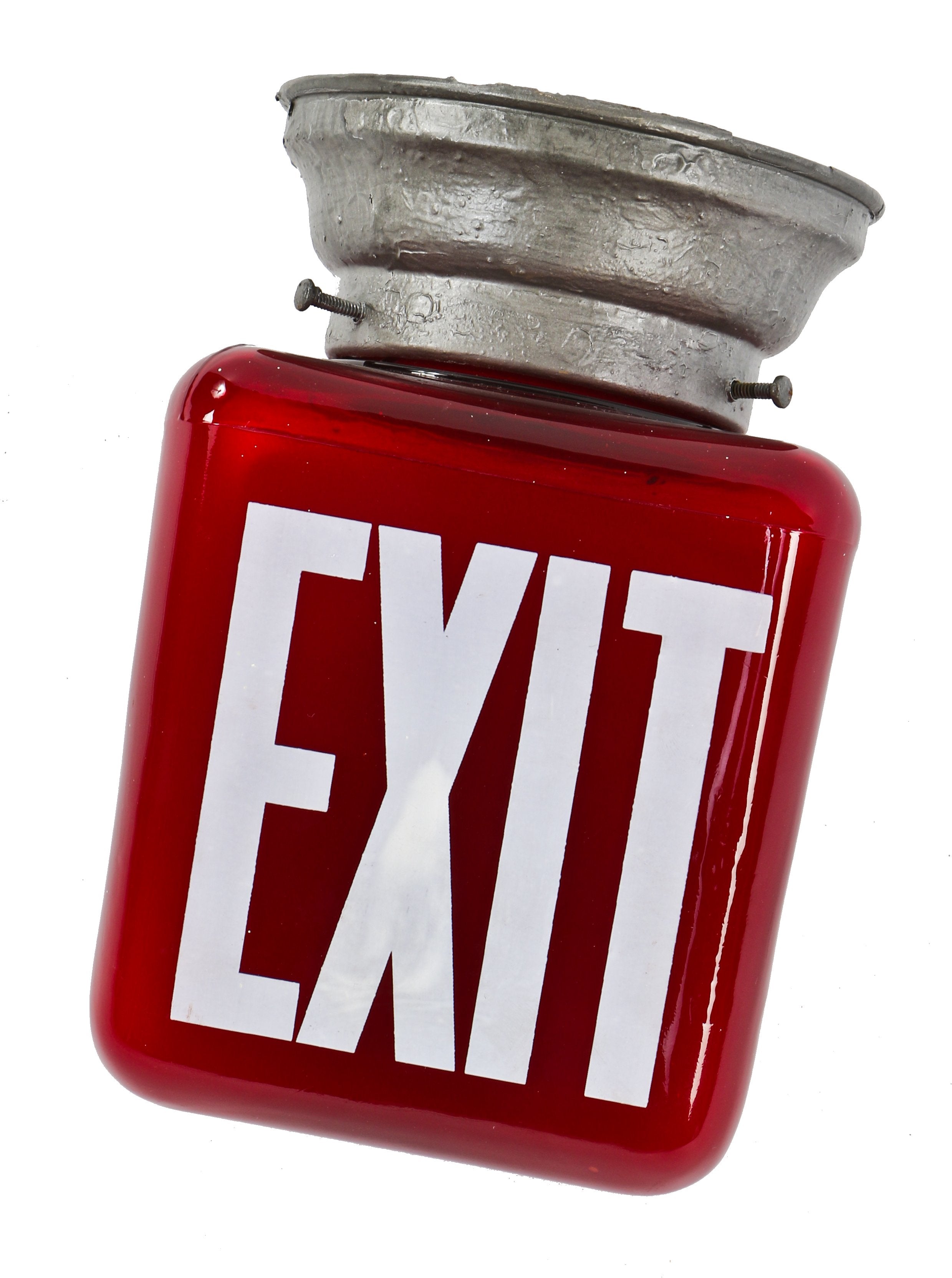 original and fully functional depression era antique american ruby red glass illuminated flush mount interior chicago hotel exit light ceiling fixture with intact fitter