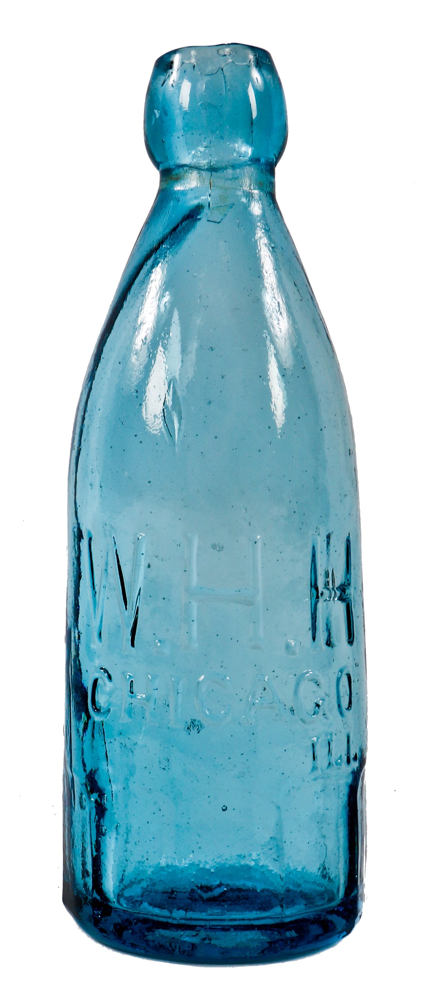 original and intact c.1860's medium cobalt blue blobtop gravitating soda bottle with mug base manufactured for chicago bottler william henry hutchinson.
