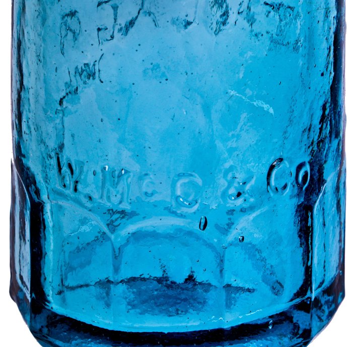 original and intact 1860's-1870's cobalt blue blobtop gravitating soda bottle with mug base manufactured for chicago bottler william henry hutchinson.