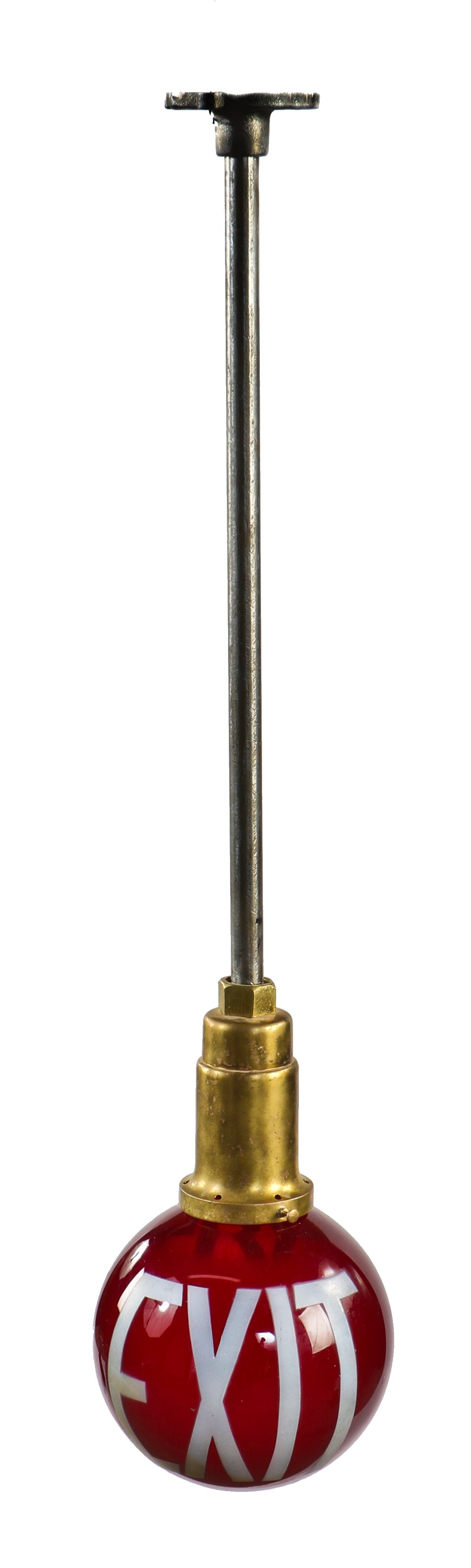 original hard to find intact and oversized antique american industrial bulbous and brightly colored exit globe and bronze fitter with steel stem and cast iron canopy
