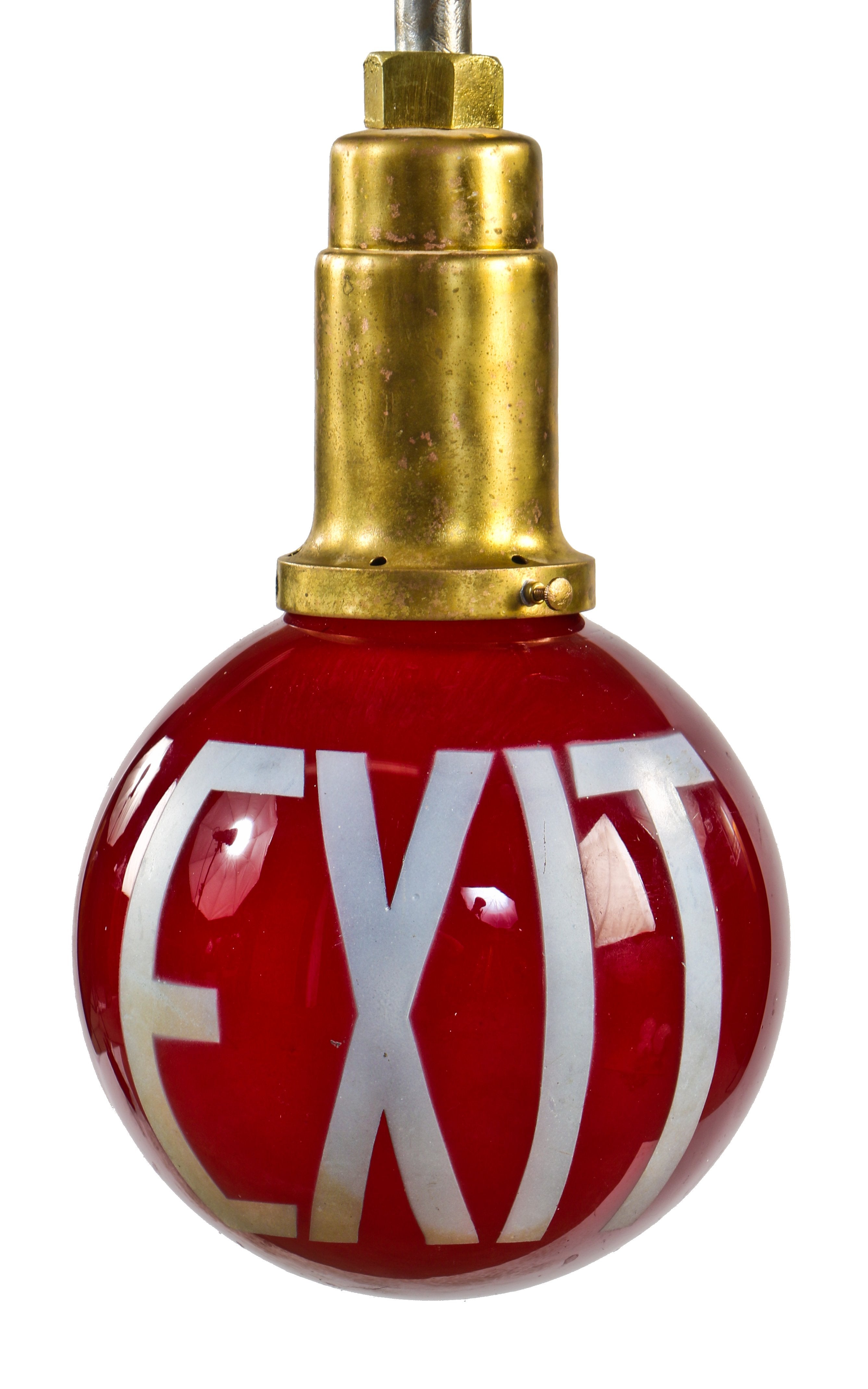 original hard to find intact and oversized antique american industrial bulbous and brightly colored exit globe and bronze fitter with steel stem and cast iron canopy