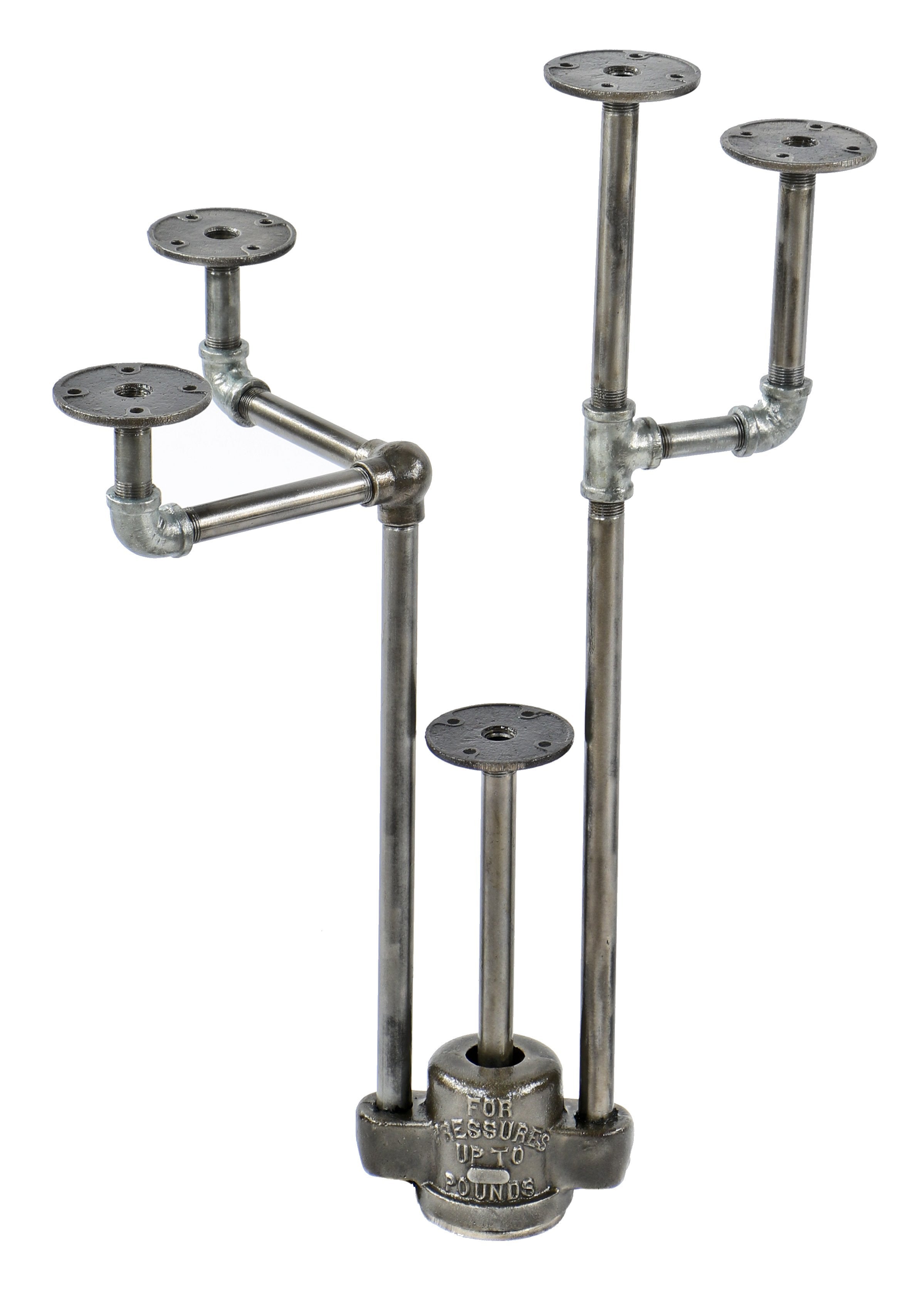 repurposed vintage american industrial object display stand with weighted boylston cast iron grease trap valve cover and old crane plumbing pipe fittings