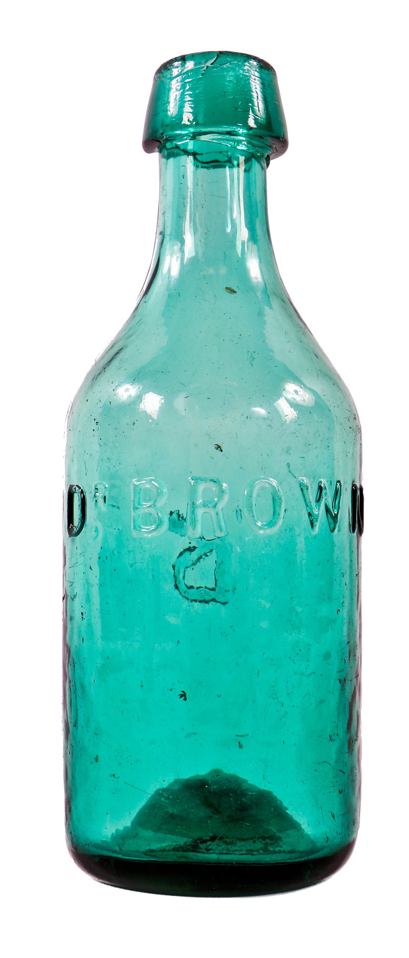 single all original and lightly cleaned c. 1846-1847 early american medium green iron-pontiled "dr. brown" soda or mineral water bottle likely dug in baltimore or new york city