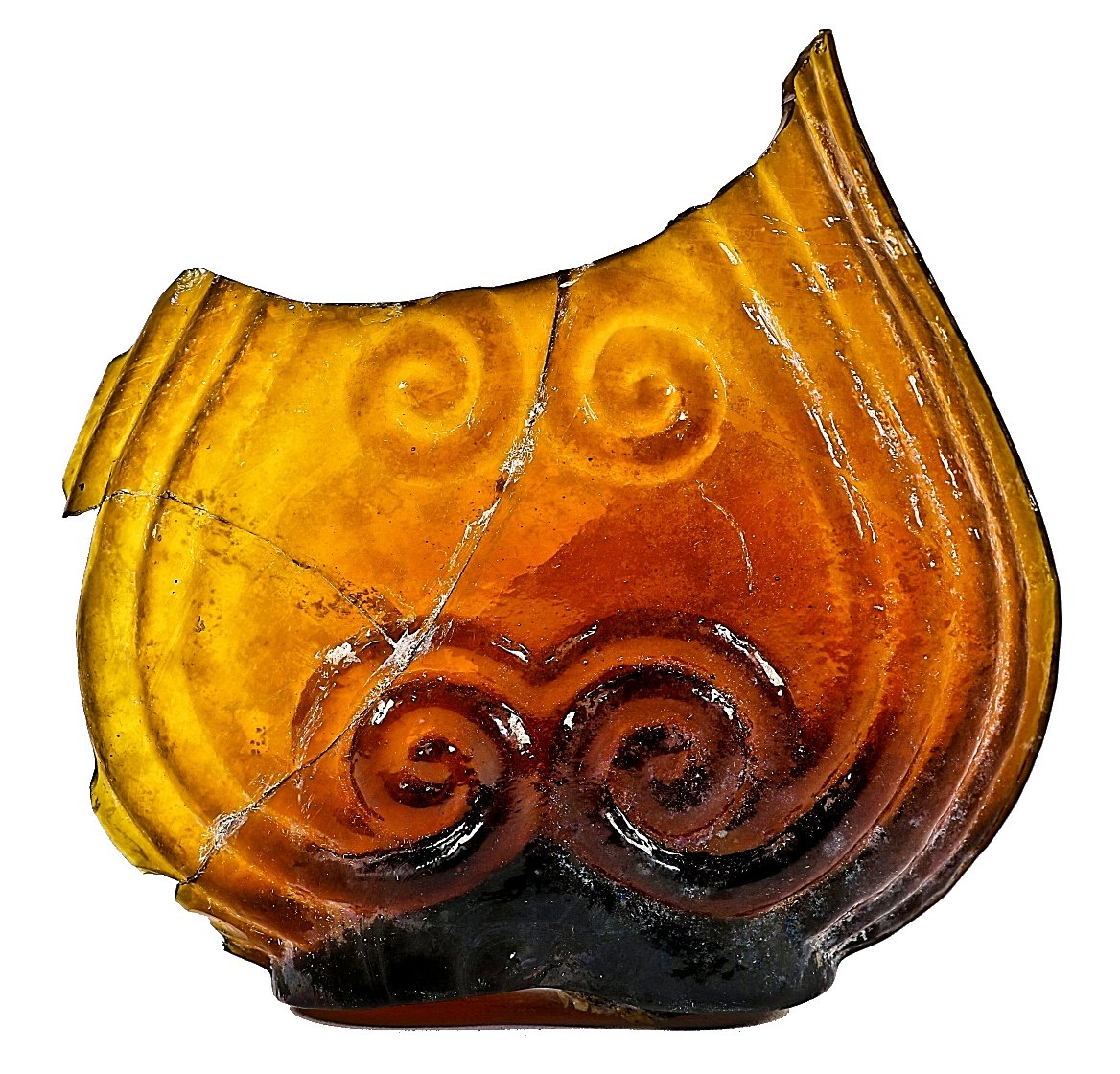 hard to find antique c. 1850's fragment of a decorative glass golden amber scroll flask dug from a chicago privy pit.